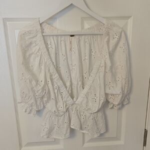 Free People White Peplum Blouse with Ruffled 3/4 Sleeves